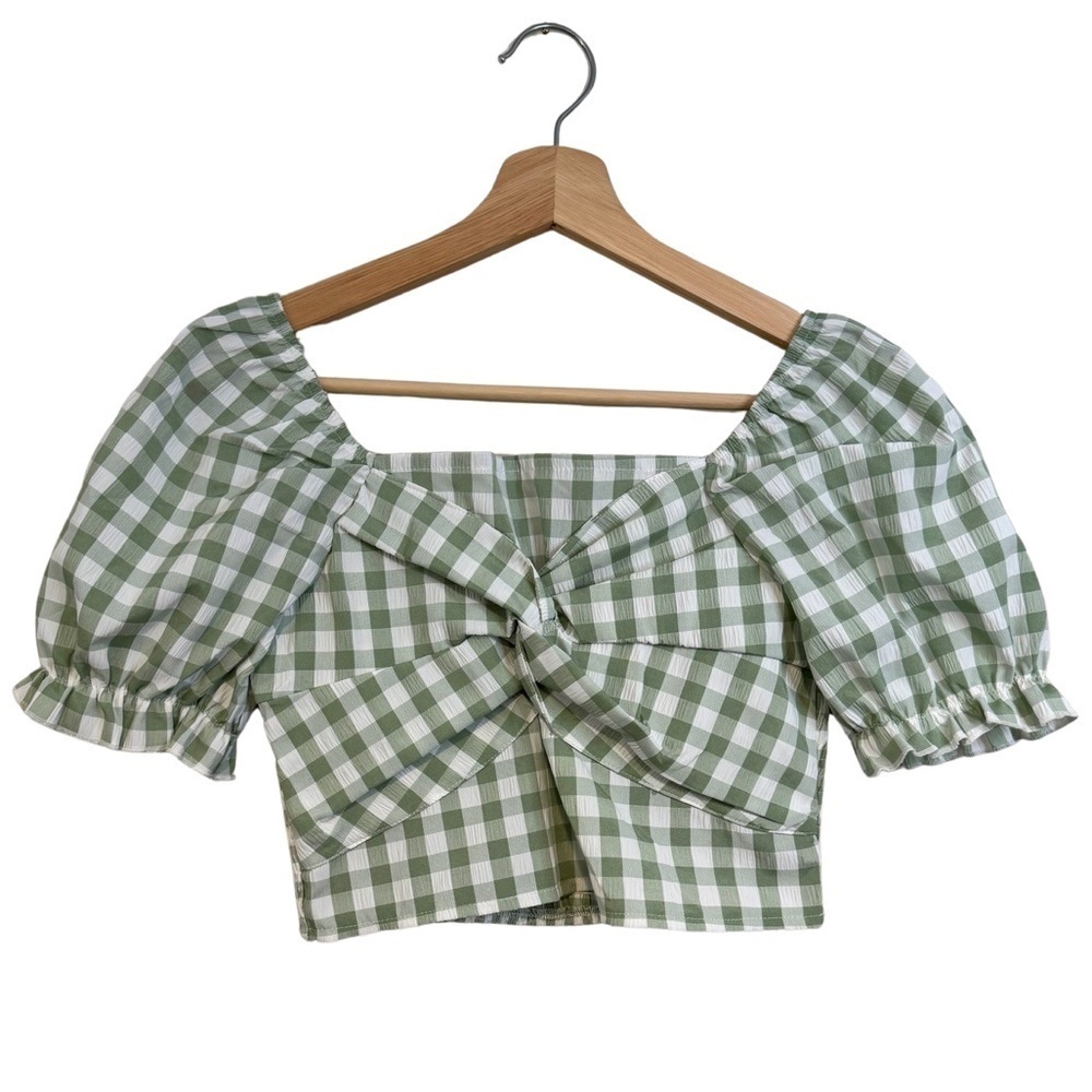 SHEIN Green & White Gingham Print Twist Front Puff Sleeve Crop Top Size 11-12Y☀️